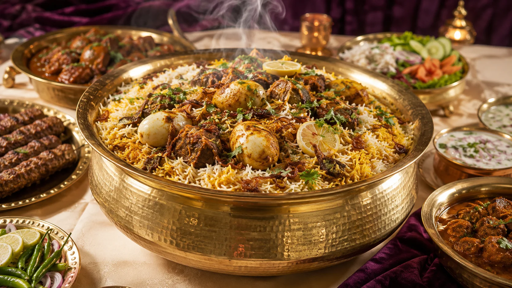 Large brass handi filled with biryani and catering dishes